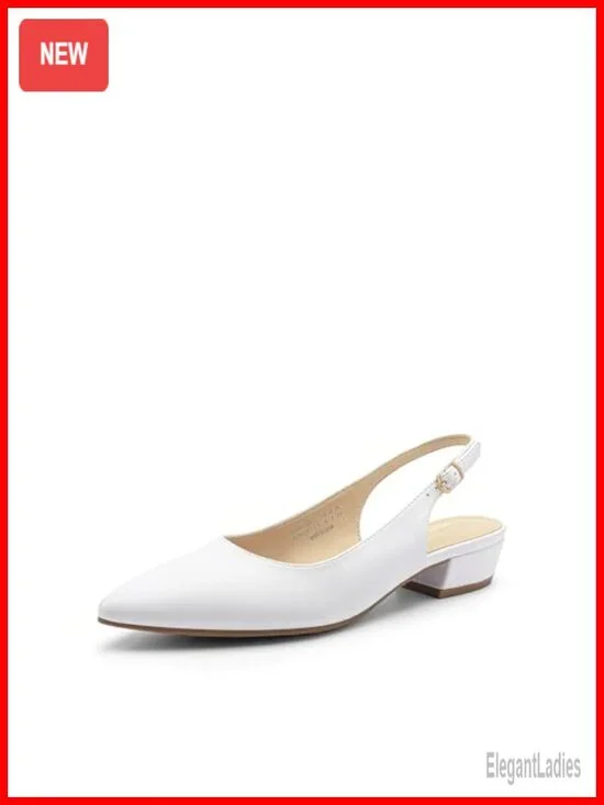 Slingback Low Block Heels Pumps - Faux Leather - Pointed Toe - Adjustable Strap