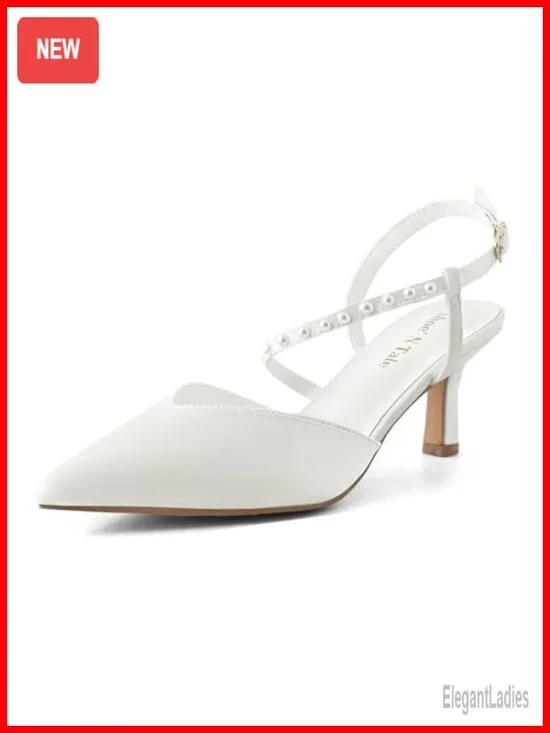 Satin Pointed Toe Kitten Heel Pumps with Pearl Ankle Strap