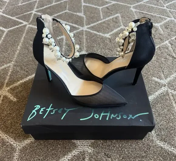 Betsey Johnson SB Ellah Pearl Crystal Embellished Mesh High Heels Pointed Toe 8