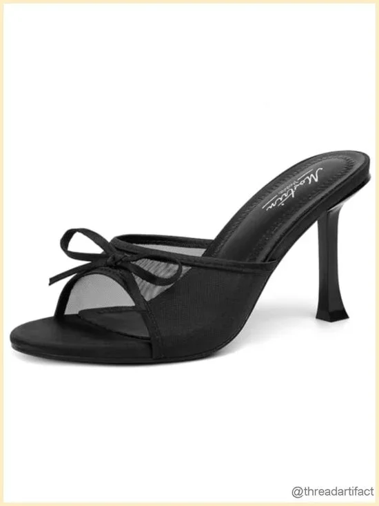 Round Toe Kitten Heels Mules Backless Bow Stiletto Slip On Heeled Sandals