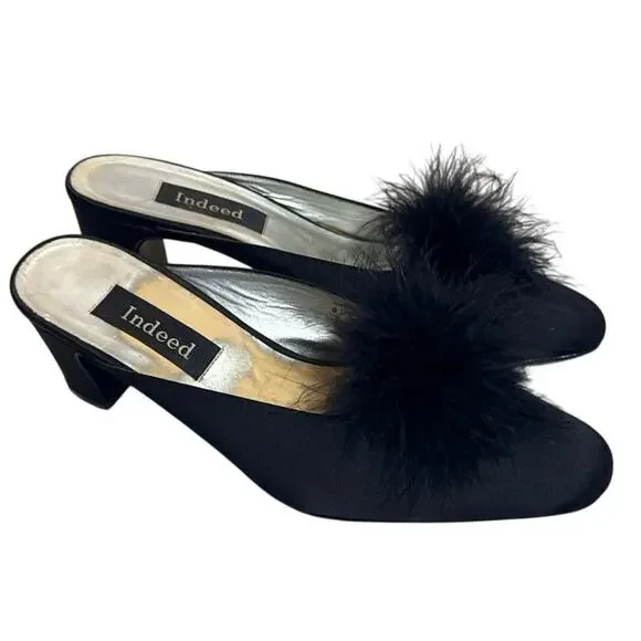 Women's Size 8.5 Vintage Indeed Black Mules with Black Puff Ball
