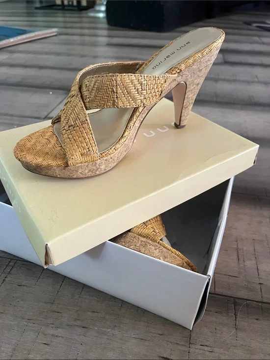 Ann Marino Woven Tan Cork Heel Slide Mules