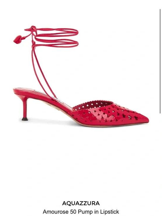 Aquazzura Lipstick Red Amorouse 50 Pointed Kitten Heel with Ankle Wrap (39)