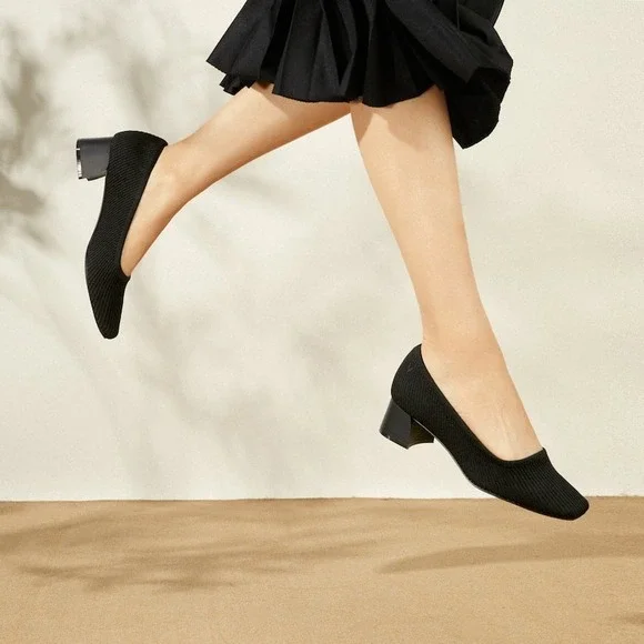 VIVAIA‎ Black Knit Square Toe Block Chunky Heel Pumps Women's Size 7-7.5 EUR38.5