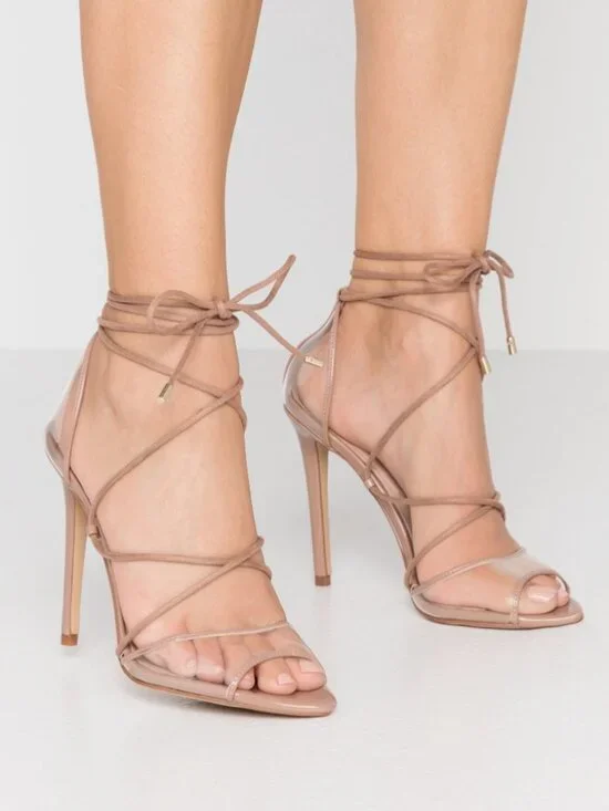 Aldo Amenabar Nude Clear Strappy Lace Up Stiletto Heeled Sandal Size 8