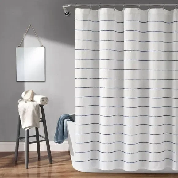 Lush Decor - Ombre Striped Yarn Dyed Cotton Shower Curtain Whit White/Navy