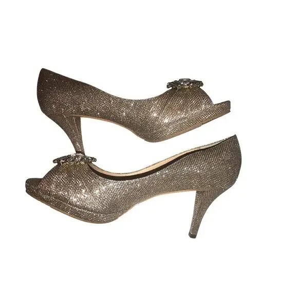 Nina Gold Heels Size 9.5 Crystal Royalcore Regal Wedding Event  Peep Toe Sparkle