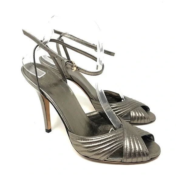 Gucci Sand‎ Pelle Cuoio Sasso Stiletto Heels Womens 8.5 Champaign Metallic Party