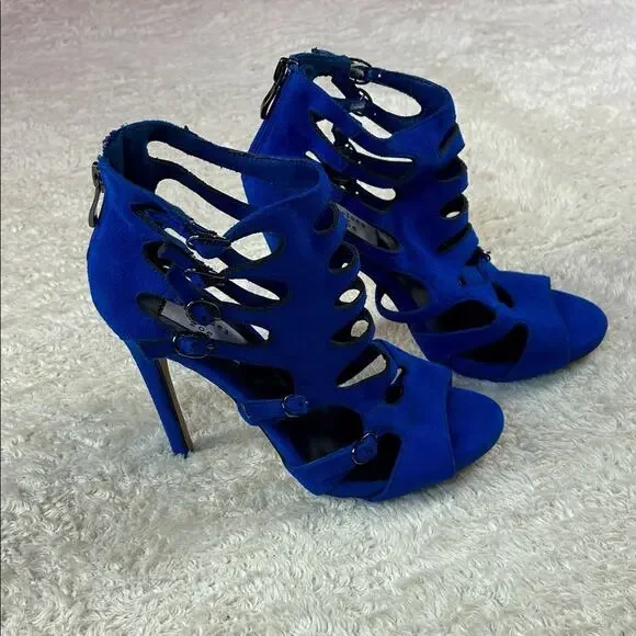 Chelsea and ZOe blue‎ suede peep toe stiletto cage heels, size 8