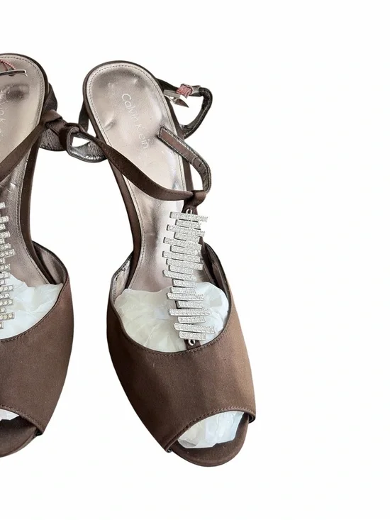Calvin Klein Brown T-Strap Rhinestone Peep-Toe Heels