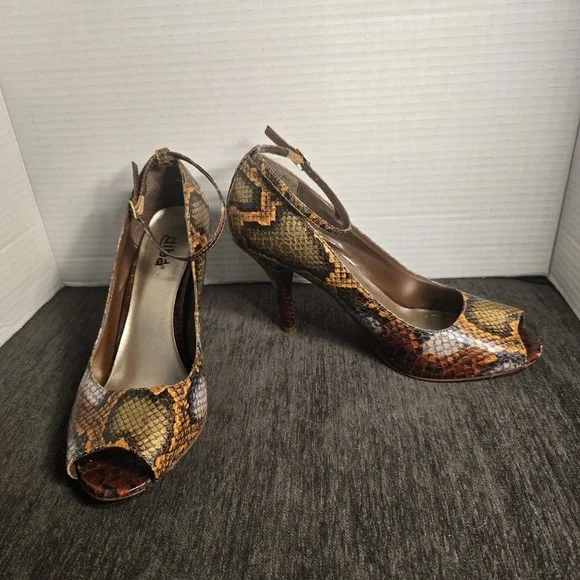 Diba Snakeskin Print Peep Toe Ankle Strap Pumps Brown Orange Gold Size 8.5M