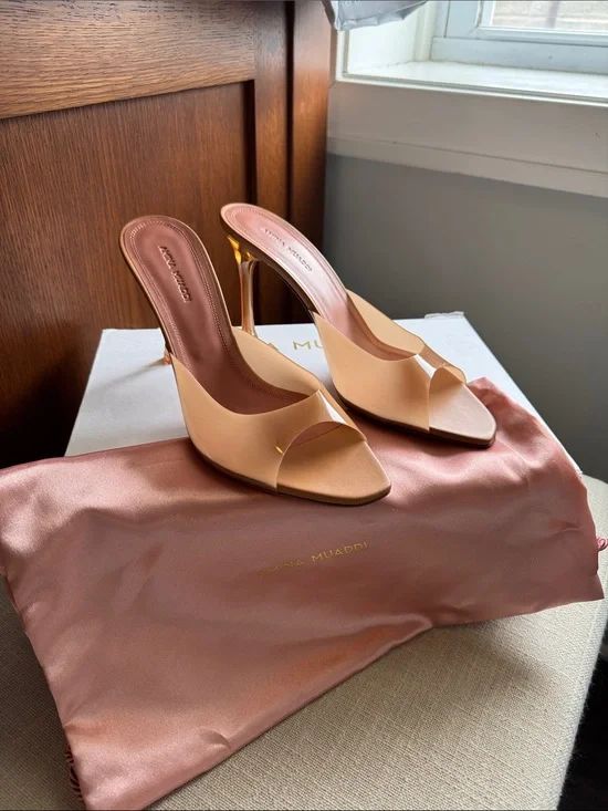 Amina Muaddi Alexa Glass Slipper, size 38, Latte color
