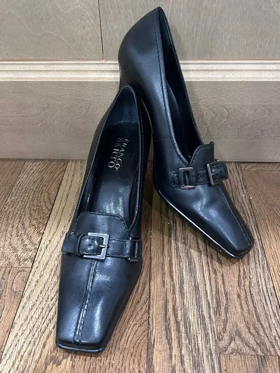 Franco Sarto Black Leather Heeled Loafers Pumps 6.5 Square Toe Preppy Y2K Office