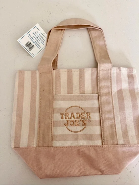 Trader Joe's Striped Canvas Mini Tote - Khaki & Cream - BNWT