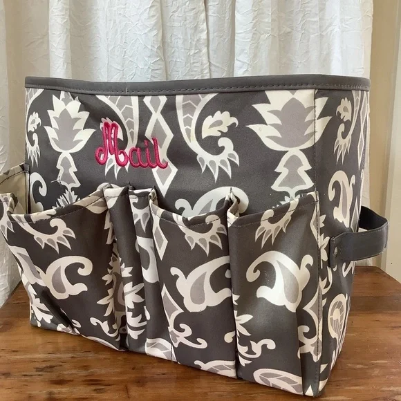 Initials Inc Gray White Paisley Pink Embroidery MAIL Tote Basket