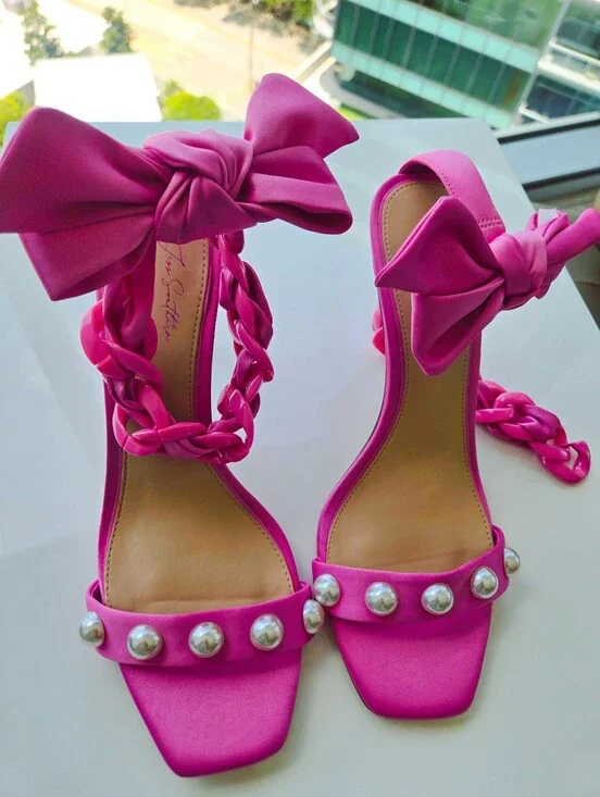 Fuchsia Satin Bow Ankle-Strap Heels with Pearl Accent Gianna Bini