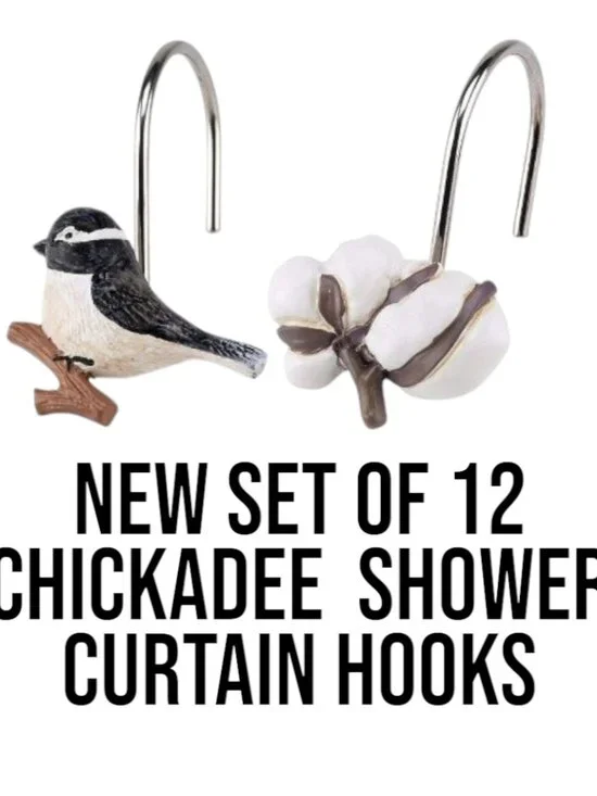 NEW Shower Curtain Hooks Multicolor Chickadee Bird Bathroom Decor Cotton Ball Pl