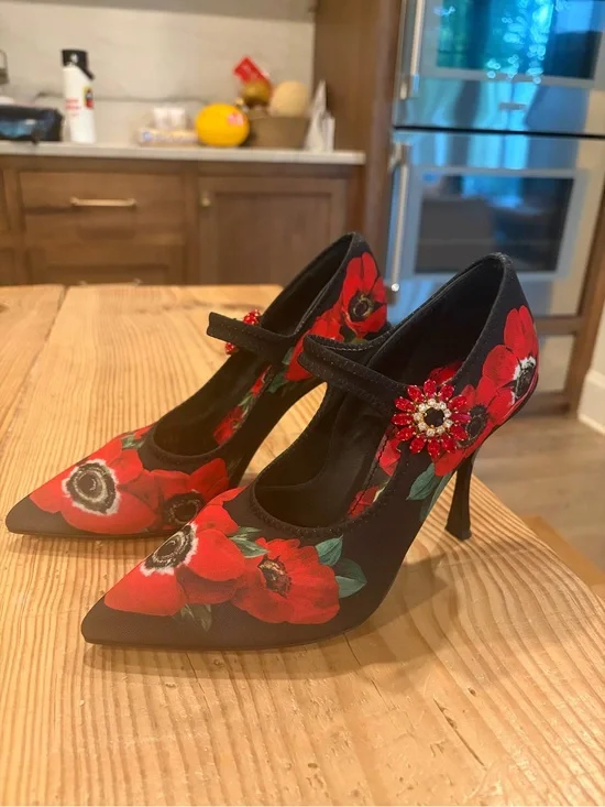 Dolce & Gabbana Black and Red Floral Mary Jane Stiletto Heels with Jewel Accent