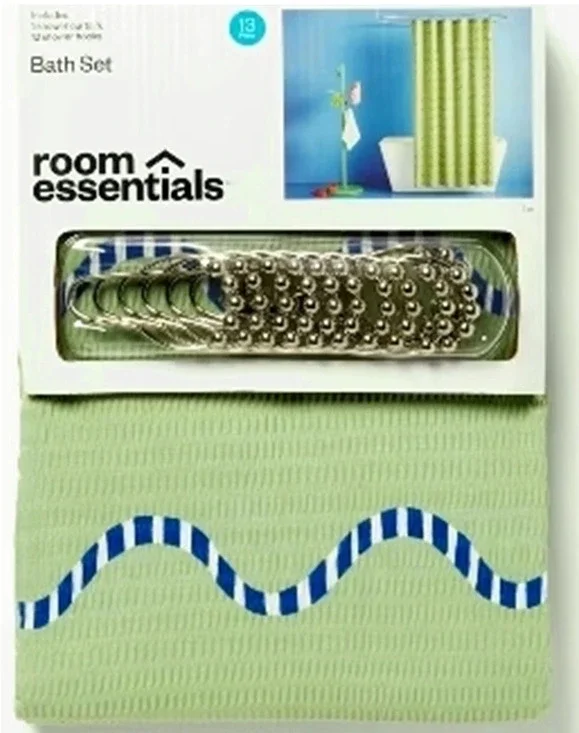 Room Essentials Spring Green Crinkle Shower Curtain Set 12 Metal Hooks 72x72 ins