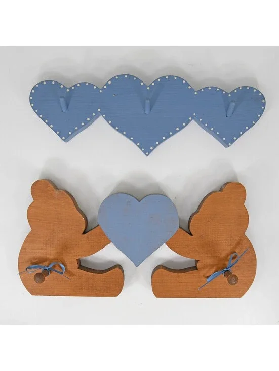 VTG Wood Wall Peg Racks Painted Hearts Bears Country Granny Core Nursery 1980s