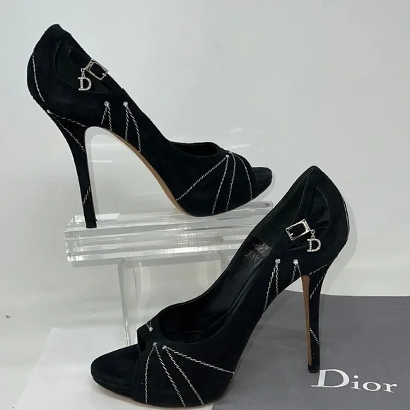Dior Sz 39.5 Suede Embroidered Folles Peep Toe Pumps Heels
