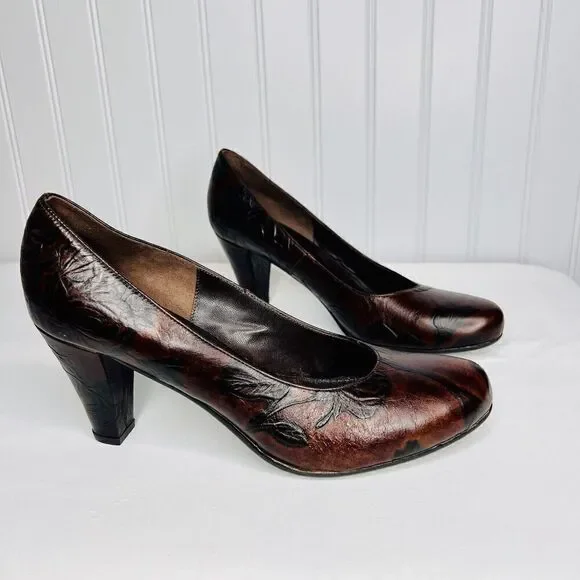 Cuoieria Fiorentina Italy Tuscan Sz 8.5 Heels Chocolate Brown Leather Floral