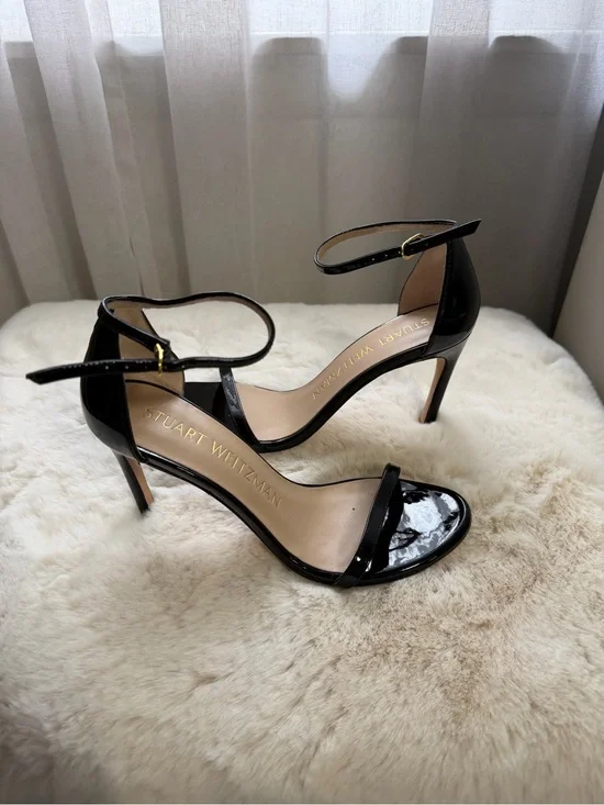 Stuart Weitzman Black Patent Leather Ankle-Strap Heels