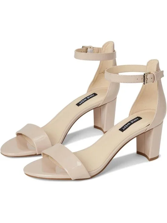 Women's Natural Patent Round Toe Ankle Strap Wnpruce Block Heeled Sandal Shoes