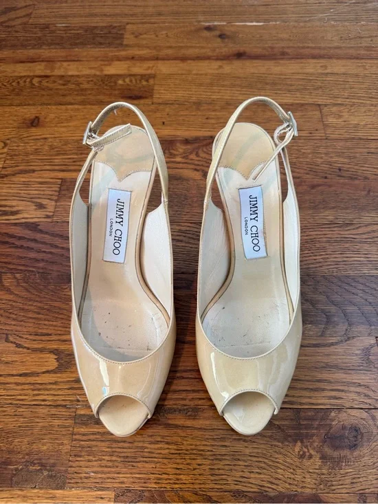 Jimmy Choo Women’s Nude‎ Patent Leather Peep Toe Slingback Heels Pumps Size 37.5
