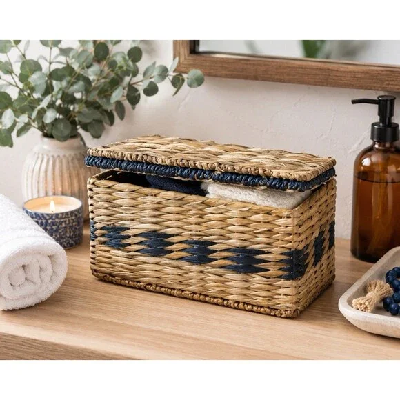 Woven Lidded Storage Basket Natural Blue Boho Bathroom Organizer Decorative Box