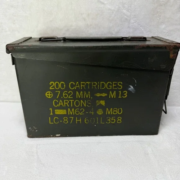 Vintage US Military Steel Ammo Can Olive Drab Metal Storage Box Latch Lid Handle