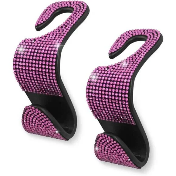 Pink Bling Car Seat Hooks (2 Pack) Bling Rhinestones Crystal Hanger Organizer