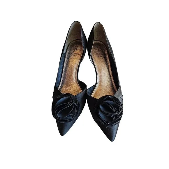 Black Satin Peep Toe Heels With Rosette Detail 3.5