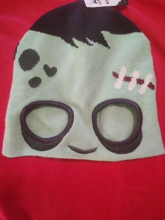Cute Face Knit Beanie in Mint Green with Black Accents