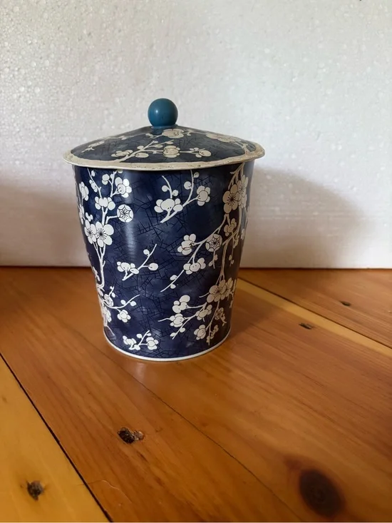 Vintage Daher Blue Cherry Blossom Tin Canister w/ Lid Made in England