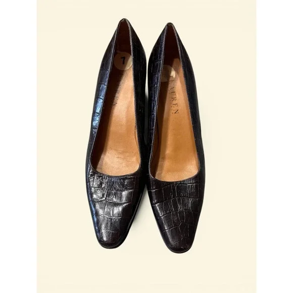 Lauren Ralph Lauren VTGE Pumps Size.7B Brown Croc Embossed Leather Block‎ Heel