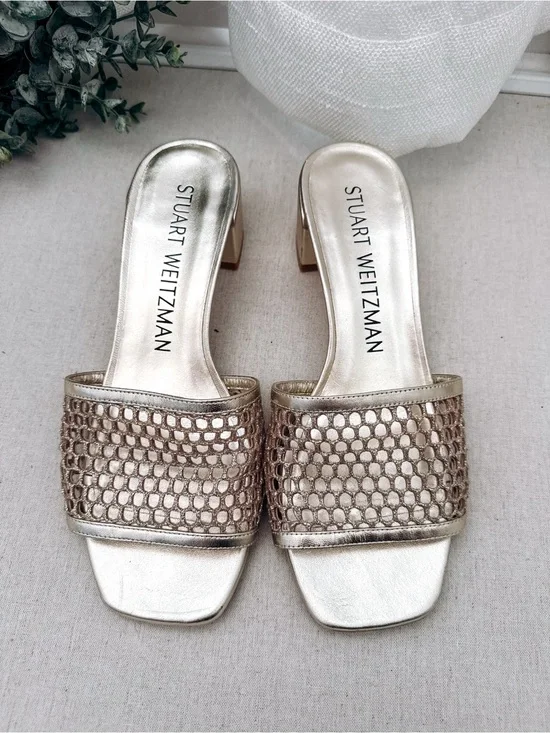 Stuart Weitzman Gold Metallic Mesh Slide Block Heel Sandals 9B