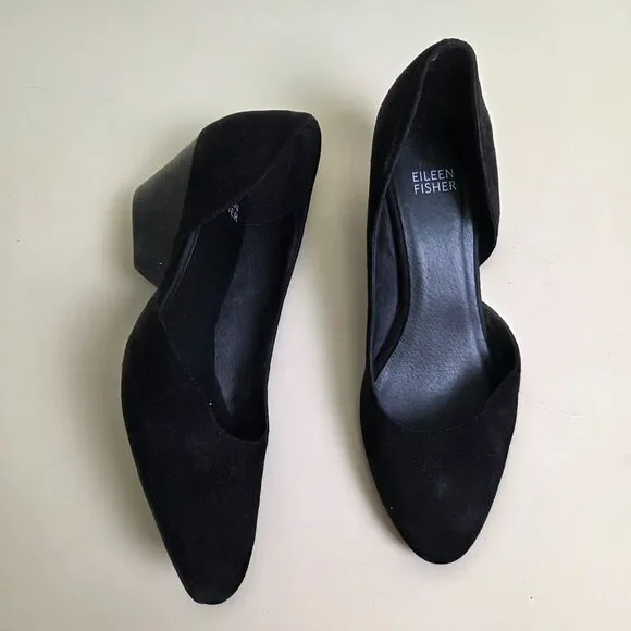 Eileen Fisher Suede D'Orsay Block Heel Pumps Black Size 8.5