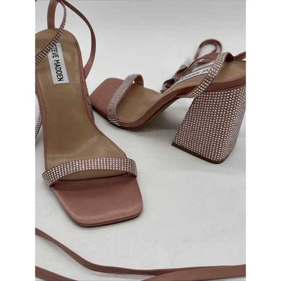 Steve‎ Madden Vanish Rhinestone Block Heels Ankle Wrap Pink 7 New