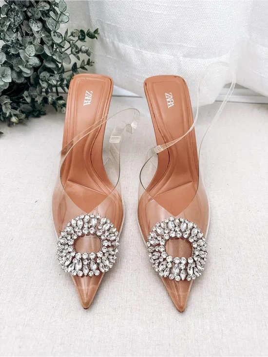 Zara Clear Rhinestone Pointed Toe Kitten Heel Mules Size US 9| EU 40