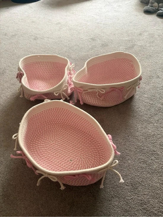Set of 3 Pink Woven Rope Baskets with Cream Trim with bows attached