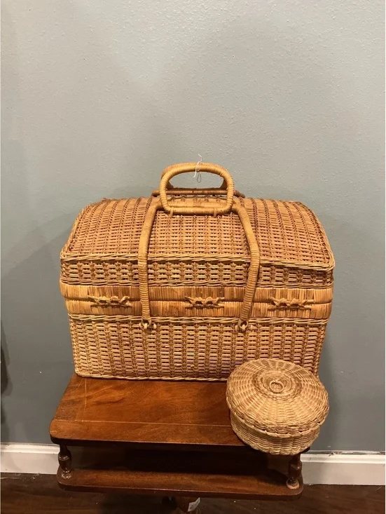 Vintage Wicker Picnic Basket with Handles Large Hinged Lid