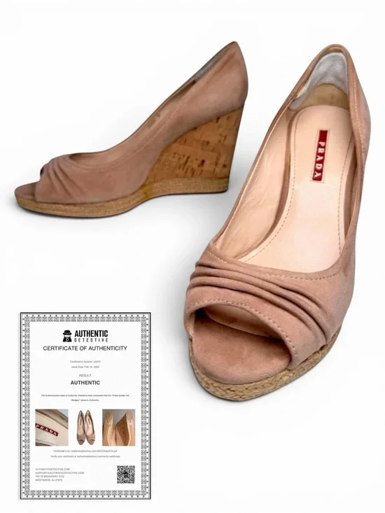 Authentic Prada 3KZ033 Nude Suede Cork Espadrille Wedge‎ Heels EU 38 US 7.5 8