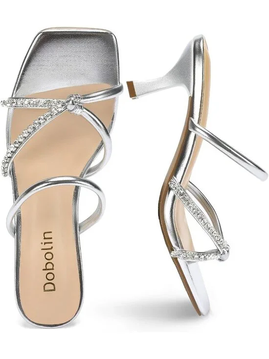 Women's Silver Summer Comfortable Open Toe Strappy Slides Kitten Heeled Sandals