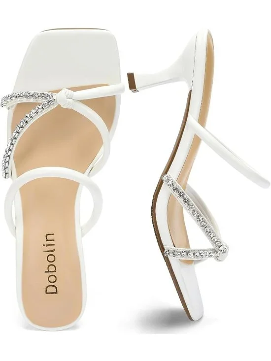 Women's White Summer Comfortable Open Toe Strappy Slides Kitten Heeled Sandals