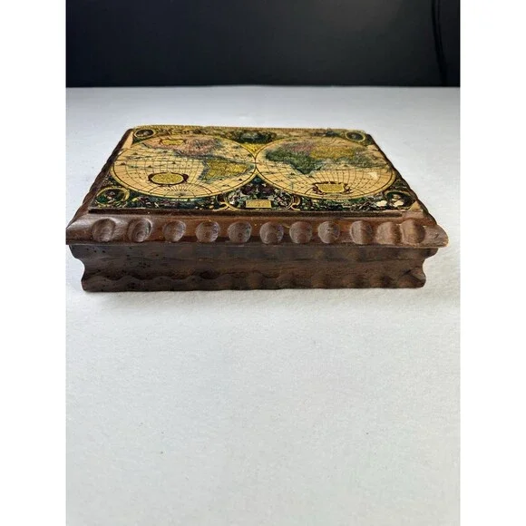 Vintage Wooden Trinket‎ Box World Map Decorative Lid Hinged Jewelry Organizer