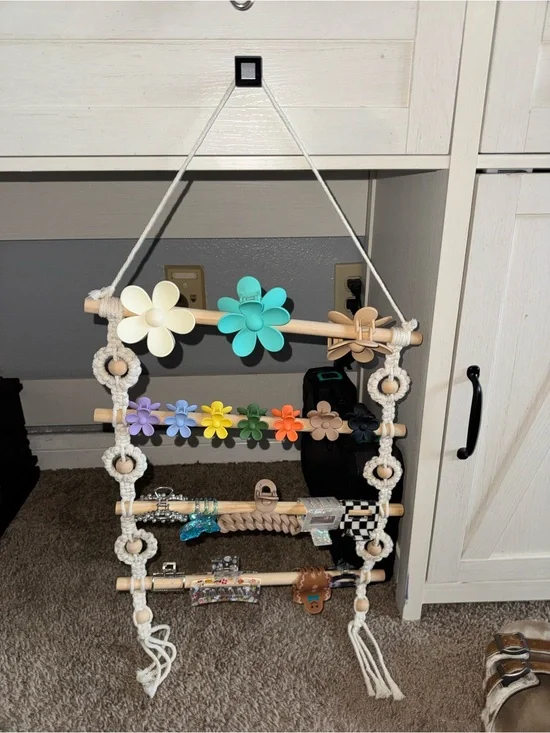 Boho Macramé Hair Clip & Accessory Organizer with a variety of claw clips
