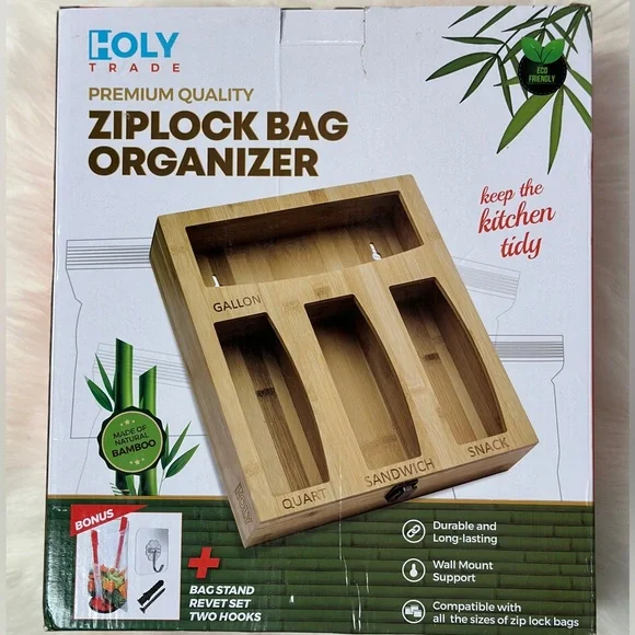 HOLY Trade Bamboo Ziplock Bag Organizer - Natural Bamboo
