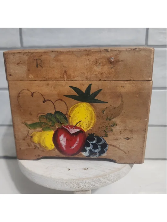 Recipe Box Wooden MCM Hand Painted