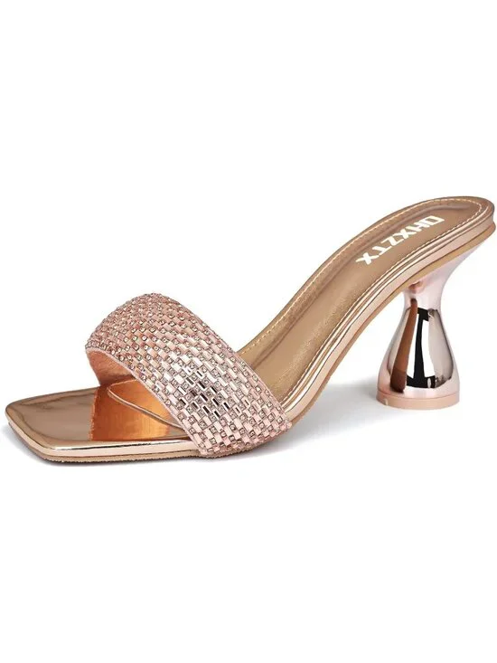 Women's Champagne Rhinestone Square Open Toe 3.15 IN Square Kitten Heels Sandals